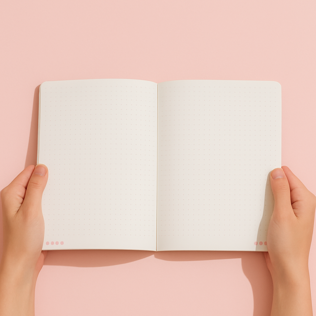 Hands holding open blank notebook